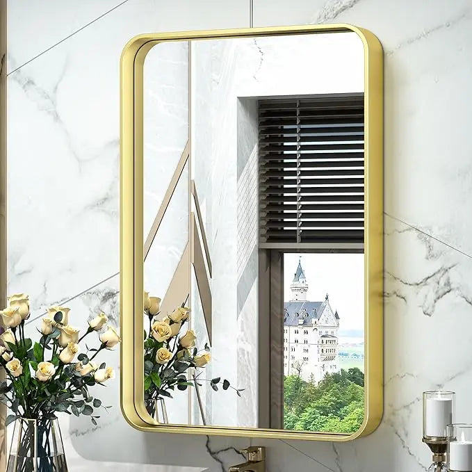 Framed Bathroom Wall Mirror with Non-Rusting Aluminum Alloy in Brushed Metal Finish – Stylish Modern Farmhouse Design for Bedroom, Living Room, or Bathroom