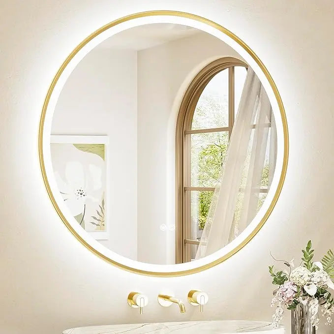 Round LED Mirror with Lights – Metal-Framed Circle Vanity Mirror, Dual Front & Backlit, 3-Color Stepless Dimmable, Anti-Fog, CRI 90+, Shatterproof Glass, Wall-Mounted for Stylish Décor