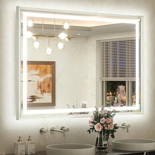 Bathroom LED Mirror with Metal Frame – Frontlit & Backlit Vanity Mirror, Anti-Fog, Stepless Dimmable, 3 Color Temperatures (White/Warm/Natural), Wall-Mounted