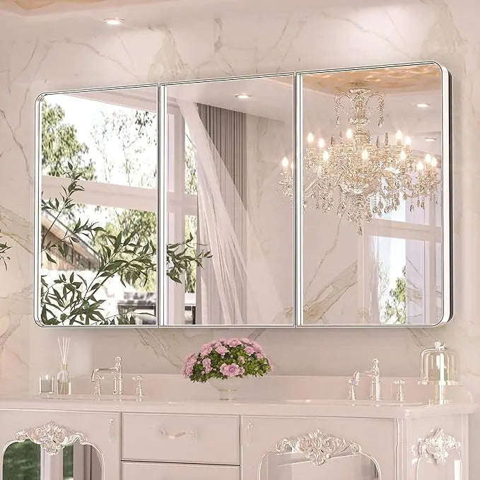 Bathroom Vanity Medicine Cabinet with Mirror – Small Brushed Brass, Stainless Steel Frame, Rounded Rectangle, Adjustable Shelves, Recessed or Surface Mount for Modern Storage