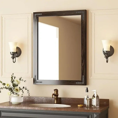 Wood Frame Bathroom Vanity Mirror for Wall – Farmhouse Vanity Mirror for Over Sink, Horizontal/Vertical Mount, Decorative Wooden Mirror for Bathroom, Living Room, Bedroom, Entryway