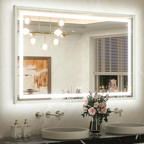 Bathroom LED Mirror with Metal Frame – Frontlit & Backlit Vanity Mirror, Anti-Fog, Stepless Dimmable, 3 Color Temperatures (White/Warm/Natural), Wall-Mounted