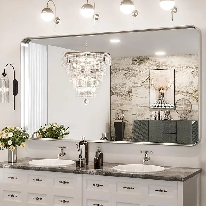 Aluminum Framed Bathroom Vanity Mirror – HD Tempered Glass Wall-Mounted Design, Ideal for Over-the-Sink Use, Supports Horizontal/Vertical Installation for Modern Décor