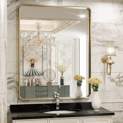 Framed Bathroom Wall Mirror with Non-Rusting Aluminum Alloy in Brushed Metal Finish – Stylish Modern Farmhouse Design for Bedroom, Living Room, or Bathroom