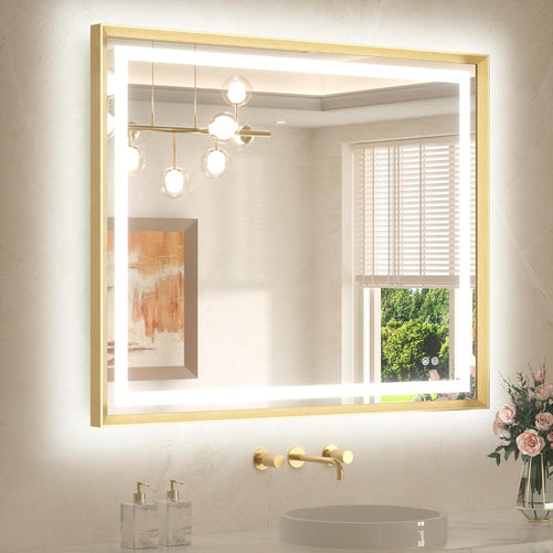 Bathroom LED Mirror with Metal Frame – Frontlit & Backlit Vanity Mirror, Anti-Fog, Stepless Dimmable, 3 Color Temperatures (White/Warm/Natural), Wall-Mounted