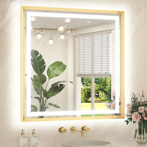 Bathroom LED Mirror with Metal Frame – Frontlit & Backlit Vanity Mirror, Anti-Fog, Stepless Dimmable, 3 Color Temperatures (White/Warm/Natural), Wall-Mounted