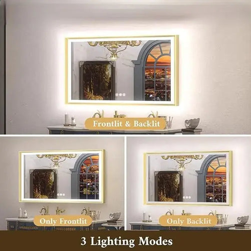 LED Bathroom Vanity Mirror with Frame – Front & Backlit, Aluminum Rectangle, Beveled Edge, 3-Color Stepless Dimmable, Anti-Fog, Memory Function, Wall-Mounted Lighted Mirror