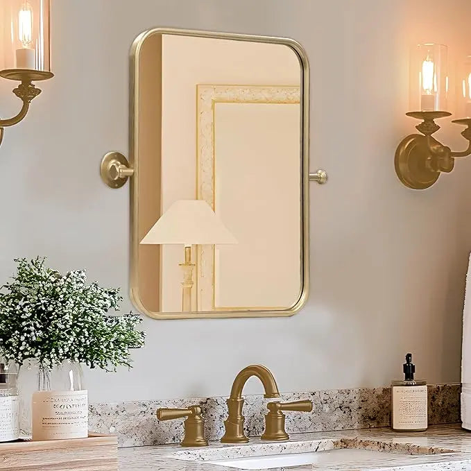 Pivot Rectangle Metal Framed Vanity Mirror – Modern Farmhouse Adjustable Tilting, Beveled Rounded Corner, Rectangular Wall Mirror, Horizontal/Vertical Mount for Bathroom