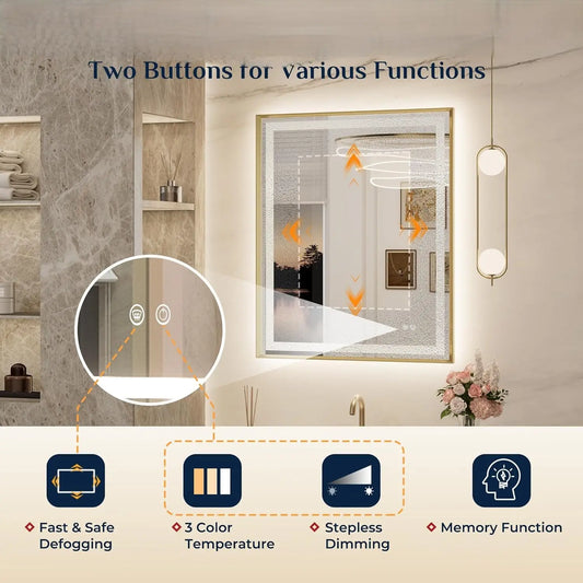 Bathroom LED Mirror with Metal Frame – Frontlit & Backlit Vanity Mirror, Anti-Fog, Stepless Dimmable, 3 Color Temperatures (White/Warm/Natural), Wall-Mounted