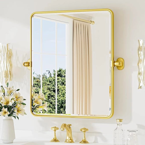 Pivot Rectangle Metal Framed Vanity Mirror – Modern Farmhouse Adjustable Tilting, Beveled Rounded Corner, Rectangular Wall Mirror, Horizontal/Vertical Mount for Bathroom