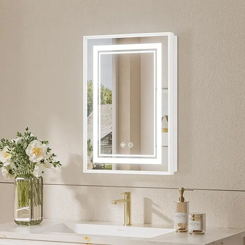 Recessed Medicine Cabinet Mirror with Lights – Tempered Glass, 3-Color Stepless Dimmable LED, Defogger & Electrical Outlets – Modern Cabinet with Storage for Bathroom, Restroom