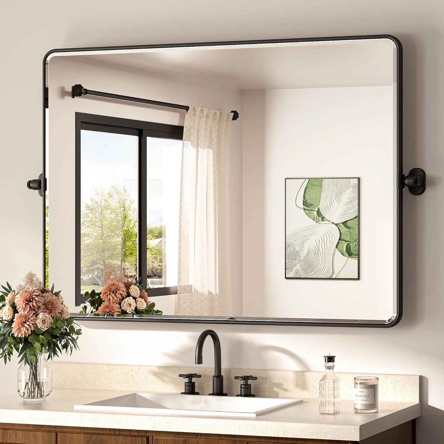 Pivot Rectangle Metal Framed Vanity Mirror – Modern Farmhouse Adjustable Tilting, Beveled Rounded Corner, Rectangular Wall Mirror, Horizontal/Vertical Mount for Bathroom