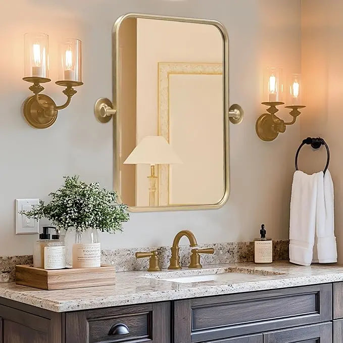 Pivot Rectangle Metal Framed Vanity Mirror – Modern Farmhouse Adjustable Tilting, Beveled Rounded Corner, Rectangular Wall Mirror, Horizontal/Vertical Mount for Bathroom