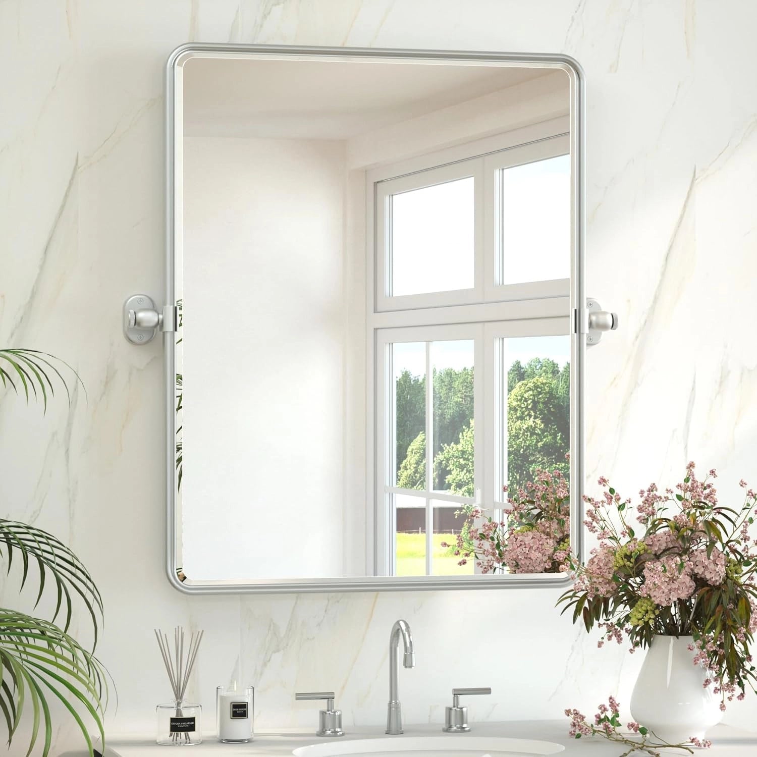 Pivot Rectangle Metal Framed Vanity Mirror – Modern Farmhouse Adjustable Tilting, Beveled Rounded Corner, Rectangular Wall Mirror, Horizontal/Vertical Mount for Bathroom