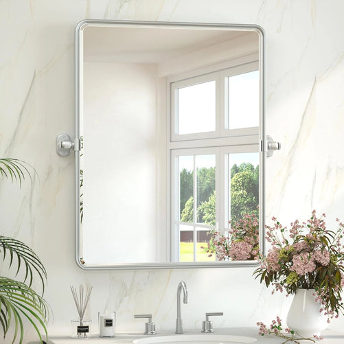 Pivot Rectangle Metal Framed Vanity Mirror – Modern Farmhouse Adjustable Tilting, Beveled Rounded Corner, Rectangular Wall Mirror, Horizontal/Vertical Mount for Bathroom