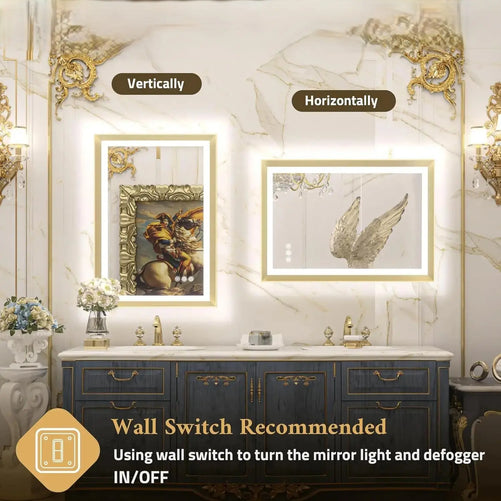 LED Bathroom Vanity Mirror with Frame – Front & Backlit, Aluminum Rectangle, Beveled Edge, 3-Color Stepless Dimmable, Anti-Fog, Memory Function, Wall-Mounted Lighted Mirror