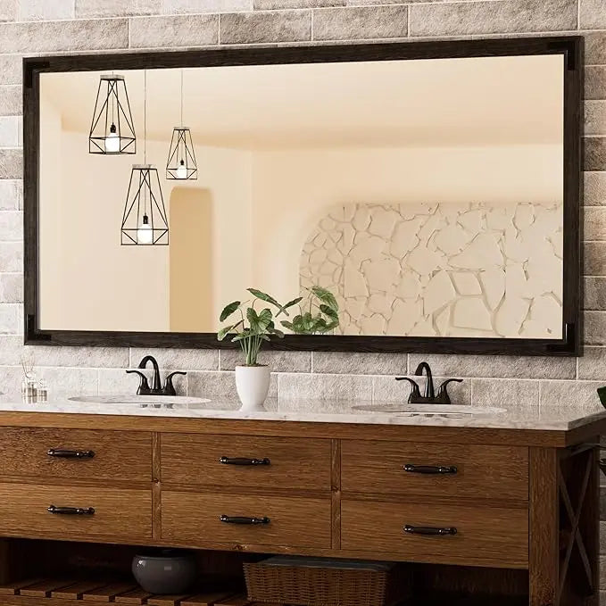 Wood Frame Bathroom Vanity Mirror for Wall – Farmhouse Vanity Mirror for Over Sink, Horizontal/Vertical Mount, Decorative Wooden Mirror for Bathroom, Living Room, Bedroom, Entryway
