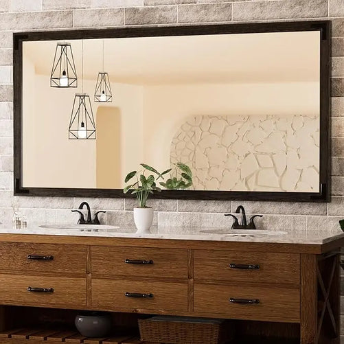 Wood Frame Bathroom Vanity Mirror for Wall – Farmhouse Vanity Mirror for Over Sink, Horizontal/Vertical Mount, Decorative Wooden Mirror for Bathroom, Living Room, Bedroom, Entryway