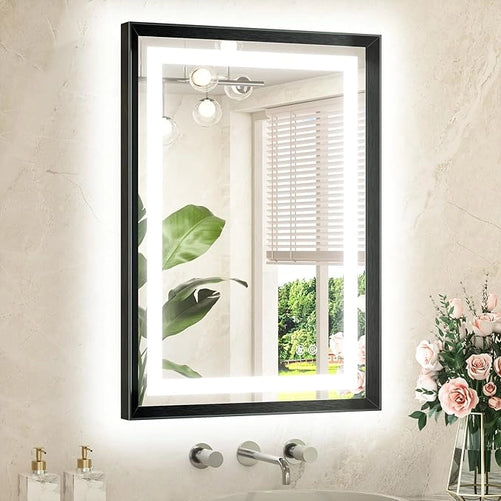 Bathroom LED Mirror with Metal Frame – Frontlit & Backlit Vanity Mirror, Anti-Fog, Stepless Dimmable, 3 Color Temperatures (White/Warm/Natural), Wall-Mounted