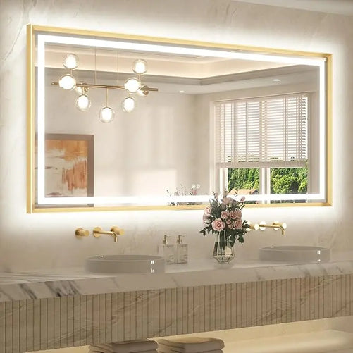 Bathroom LED Mirror with Metal Frame – Frontlit & Backlit Vanity Mirror, Anti-Fog, Stepless Dimmable, 3 Color Temperatures (White/Warm/Natural), Wall-Mounted