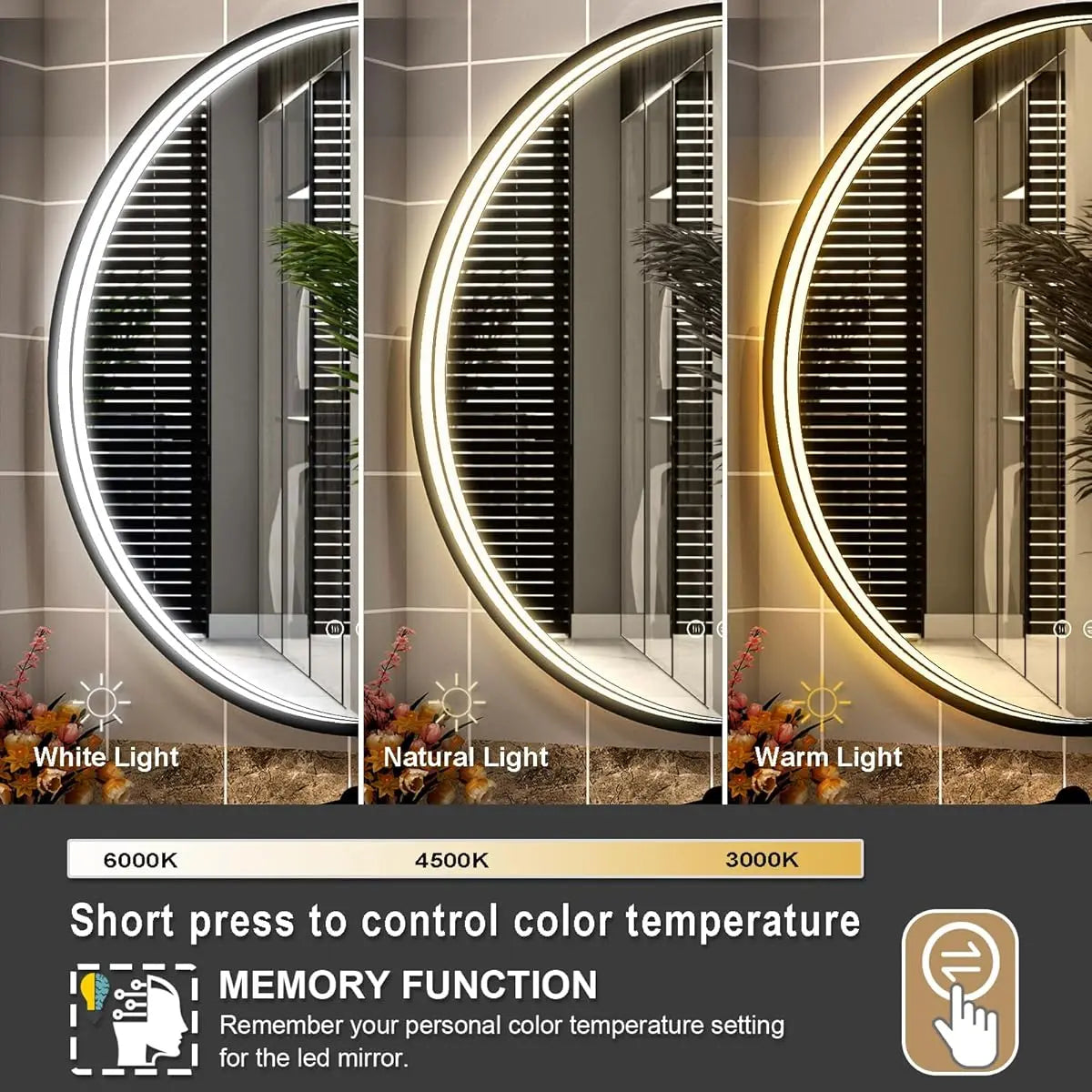 Round LED Bathroom Mirror with Lights – Dimmable Wall-Mounted Vanity Mirror, 3000K/4500K/6000K, Touch Switch, Metal Frame, Front-Lighted for Modern Bathroom Décor
