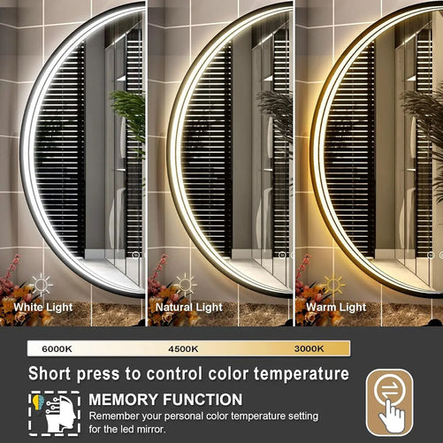 Round LED Bathroom Mirror with Lights – Dimmable Wall-Mounted Vanity Mirror, 3000K/4500K/6000K, Touch Switch, Metal Frame, Front-Lighted for Modern Bathroom Décor