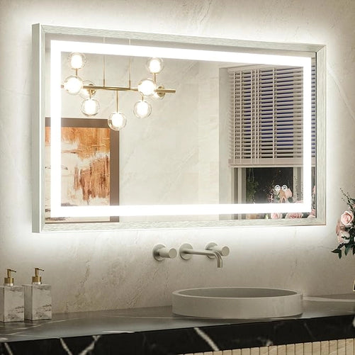 Bathroom LED Mirror with Metal Frame – Frontlit & Backlit Vanity Mirror, Anti-Fog, Stepless Dimmable, 3 Color Temperatures (White/Warm/Natural), Wall-Mounted