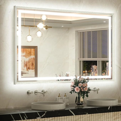 Bathroom LED Mirror with Metal Frame – Frontlit & Backlit Vanity Mirror, Anti-Fog, Stepless Dimmable, 3 Color Temperatures (White/Warm/Natural), Wall-Mounted