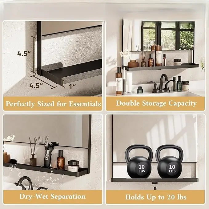 Metal Framed Vanity Mirror with Shelf – Rounded Rectangle Wall Mirror, Functional & Stylish for Bathroom, Farmhouse, Living Room, or Bedroom, Perfect Accent for Modern Home Décor