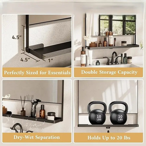 Metal Framed Vanity Mirror with Shelf – Rounded Rectangle Wall Mirror, Functional & Stylish for Bathroom, Farmhouse, Living Room, or Bedroom, Perfect Accent for Modern Home Décor