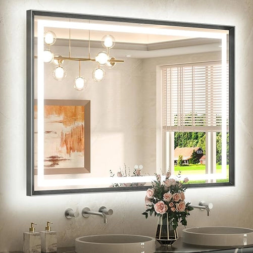 Bathroom LED Mirror with Metal Frame – Frontlit & Backlit Vanity Mirror, Anti-Fog, Stepless Dimmable, 3 Color Temperatures (White/Warm/Natural), Wall-Mounted