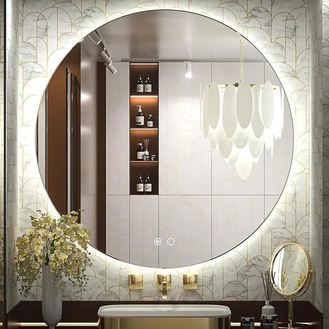 Backlit Round Bathroom Vanity Mirror – LED Lighted Vanity Circle Mirror, Anti-Fog, 3-Color Dimmable, Waterproof, Modern Bathroom Decor, Wall Mounted for Elegant Bathroom Design