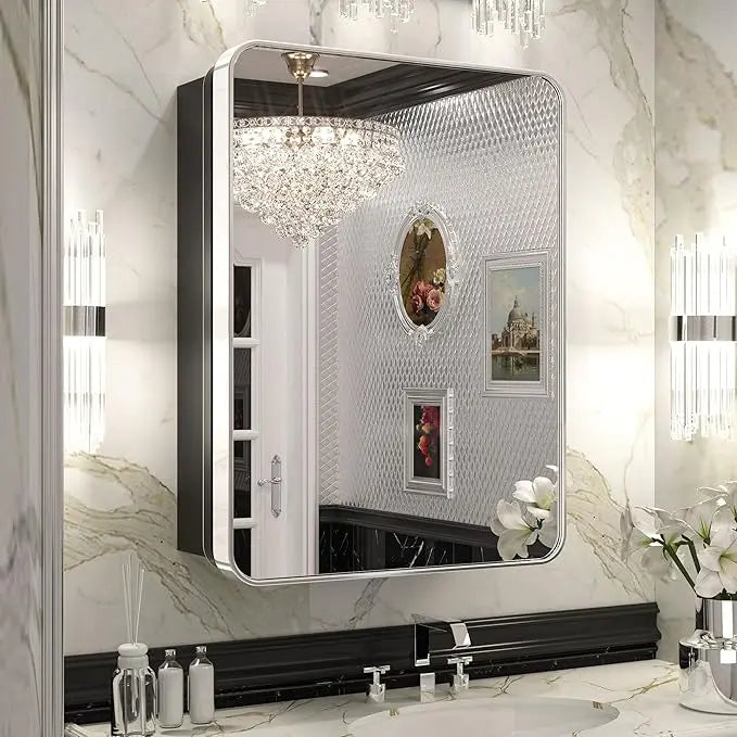 Bathroom Vanity Medicine Cabinet with Mirror – Small Brushed Brass, Stainless Steel Frame, Rounded Rectangle, Adjustable Shelves, Recessed or Surface Mount for Modern Storage