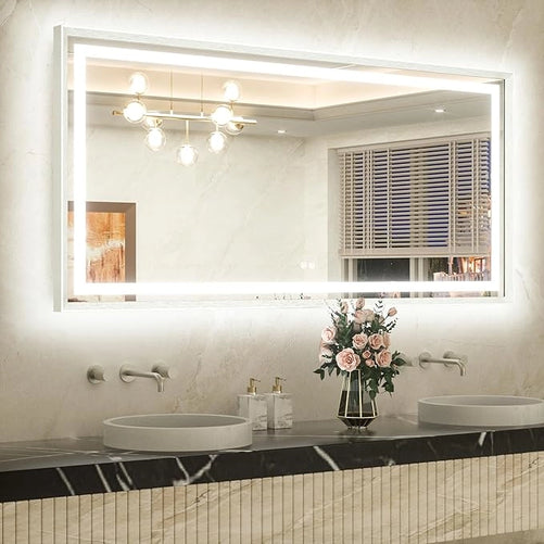 Bathroom LED Mirror with Metal Frame – Frontlit & Backlit Vanity Mirror, Anti-Fog, Stepless Dimmable, 3 Color Temperatures (White/Warm/Natural), Wall-Mounted