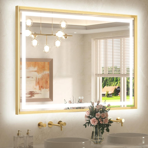 Bathroom LED Mirror with Metal Frame – Frontlit & Backlit Vanity Mirror, Anti-Fog, Stepless Dimmable, 3 Color Temperatures (White/Warm/Natural), Wall-Mounted