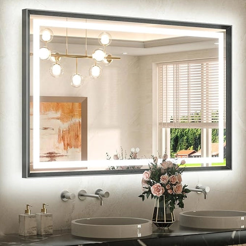 Bathroom LED Mirror with Metal Frame – Frontlit & Backlit Vanity Mirror, Anti-Fog, Stepless Dimmable, 3 Color Temperatures (White/Warm/Natural), Wall-Mounted