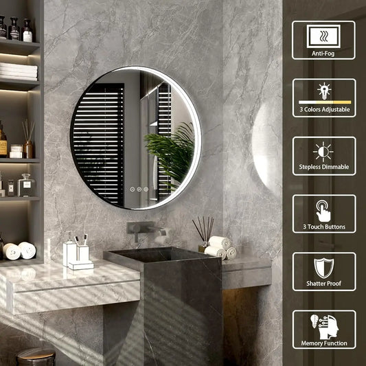 Round LED Bathroom Mirror with Lights – Dimmable Wall-Mounted Vanity Mirror, 3000K/4500K/6000K, Touch Switch, Metal Frame, Front-Lighted for Modern Bathroom Décor