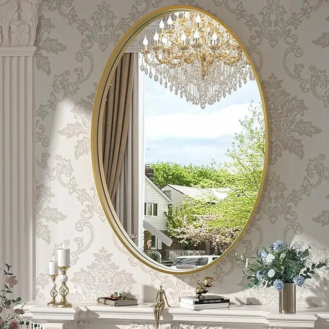 Modern Bathroom Oval Mirror with Non-Rusting Aluminum Frame – Wall-Mounted Vanity Mirror for Farmhouse or Minimalist Décor, Suitable for Vertical or Horizontal Installation