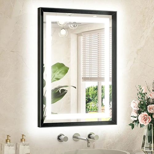 Bathroom LED Mirror with Metal Frame – Frontlit & Backlit Vanity Mirror, Anti-Fog, Stepless Dimmable, 3 Color Temperatures (White/Warm/Natural), Wall-Mounted