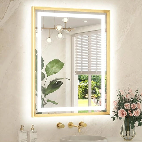 Bathroom LED Mirror with Metal Frame – Frontlit & Backlit Vanity Mirror, Anti-Fog, Stepless Dimmable, 3 Color Temperatures (White/Warm/Natural), Wall-Mounted