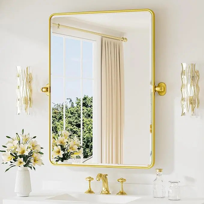 Pivot Rectangle Metal Framed Vanity Mirror – Modern Farmhouse Adjustable Tilting, Beveled Rounded Corner, Rectangular Wall Mirror, Horizontal/Vertical Mount for Bathroom