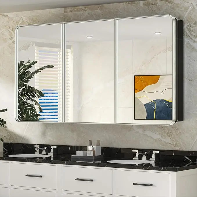 Bathroom Vanity Medicine Cabinet with Mirror – Small Brushed Brass, Stainless Steel Frame, Rounded Rectangle, Adjustable Shelves, Recessed or Surface Mount for Modern Storage