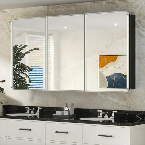 Bathroom Vanity Medicine Cabinet with Mirror – Small Brushed Brass, Stainless Steel Frame, Rounded Rectangle, Adjustable Shelves, Recessed or Surface Mount for Modern Storage