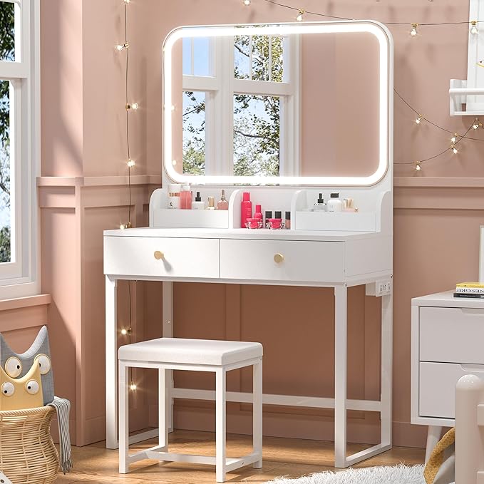 Vanity Desk with Mirror and Lights – LED Makeup Vanity Table Set with Chair, 2 Drawers, 2 Trays, Power Outlet, CRI>90, 7000 Lux Lighted Mirror for Dressing Room or Bedroom