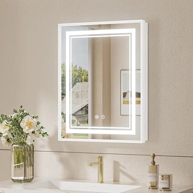Recessed Medicine Cabinet Mirror with Lights – Tempered Glass, 3-Color Stepless Dimmable LED, Defogger & Electrical Outlets – Modern Cabinet with Storage for Bathroom, Restroom