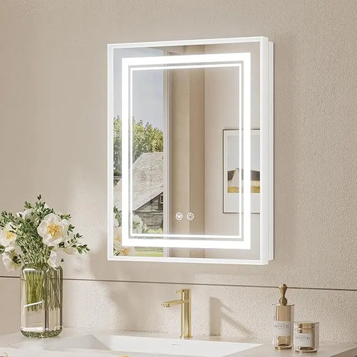 Recessed Medicine Cabinet Mirror with Lights – Tempered Glass, 3-Color Stepless Dimmable LED, Defogger & Electrical Outlets – Modern Cabinet with Storage for Bathroom, Restroom