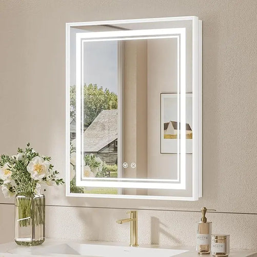 Recessed Medicine Cabinet Mirror with Lights – Tempered Glass, 3-Color Stepless Dimmable LED, Defogger & Electrical Outlets – Modern Cabinet with Storage for Bathroom, Restroom