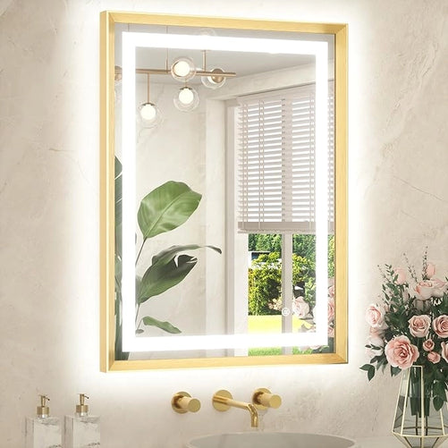 Bathroom LED Mirror with Metal Frame – Frontlit & Backlit Vanity Mirror, Anti-Fog, Stepless Dimmable, 3 Color Temperatures (White/Warm/Natural), Wall-Mounted