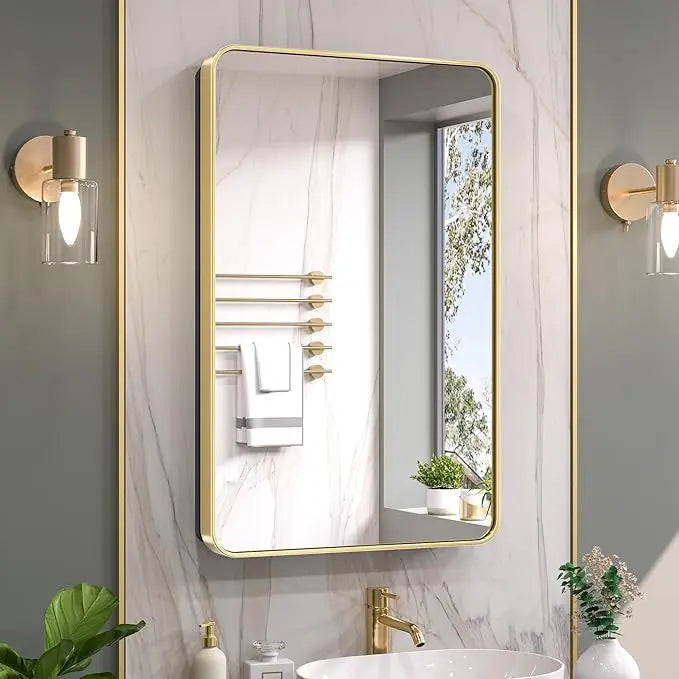 Bathroom Vanity Medicine Cabinet with Mirror – Small Brushed Brass, Stainless Steel Frame, Rounded Rectangle, Adjustable Shelves, Recessed or Surface Mount for Modern Storage