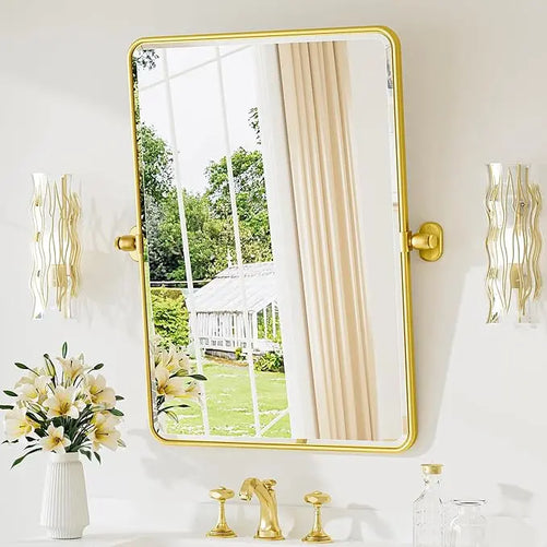 Pivot Rectangle Metal Framed Vanity Mirror – Modern Farmhouse Adjustable Tilting, Beveled Rounded Corner, Rectangular Wall Mirror, Horizontal/Vertical Mount for Bathroom